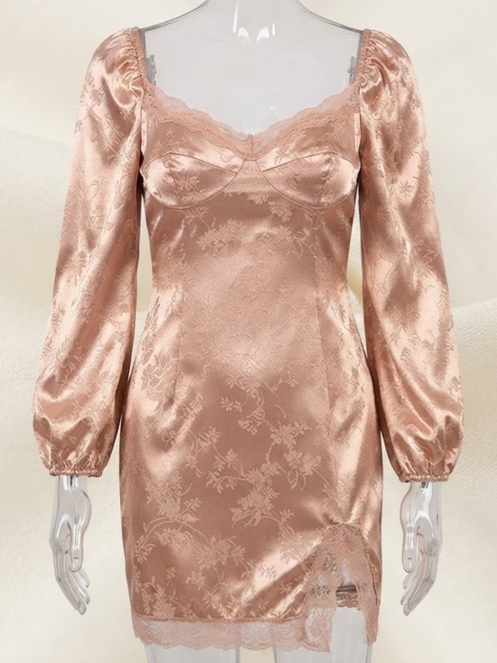 SHEIN Jacquard Lantern Sleeve Lace Trim Split Hem Satin Dress